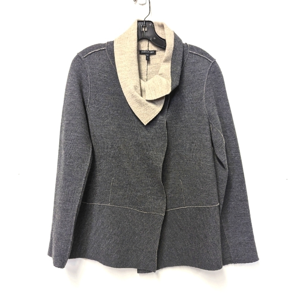 EILEEN Fisher Wool Raw Seam Light Jacket Heathered Gray with Oversized Snaps S